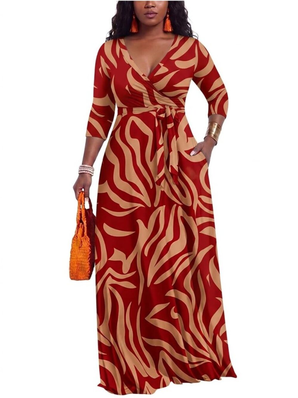 Women's 3/4 Sleeves Maxi Dress V Neck Cocktail Party Dress Curvy Wrap Sexy